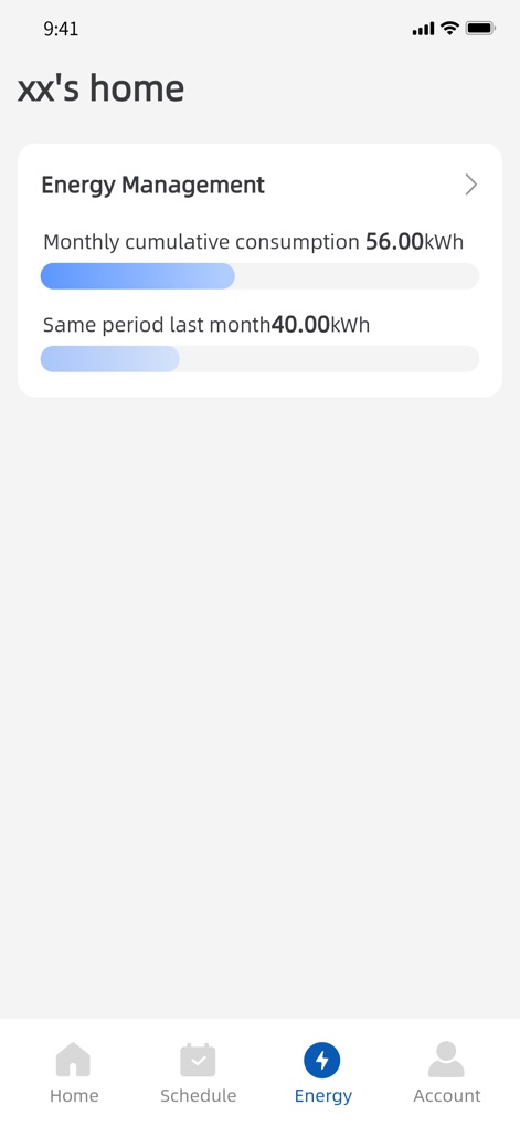 GREE+ - ユーザーはエネルギー管理画面で、「Monthly cumulative consumption 56.00kWh」として現在のエネルギー消費量を明確に確認でき、前月との「Same period last month 40.00kWh」という比較グラフを通じて、効率的な使用状況を把握できます。