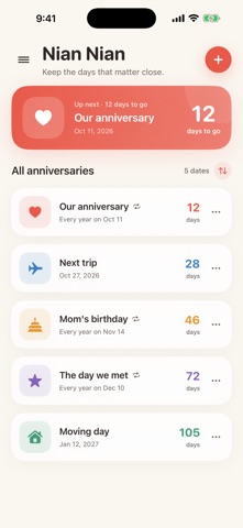 Nian Nian - Special Dates app screenshot
