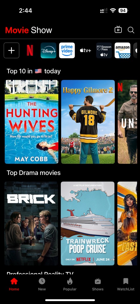 Movie Flex: Movies & TV Show - L'application affiche les logos de services de streaming populaires et organise le contenu en rangées thématiques comme le 'Top 10' et les 'Top Drama movies' pour une navigation simplifiée.