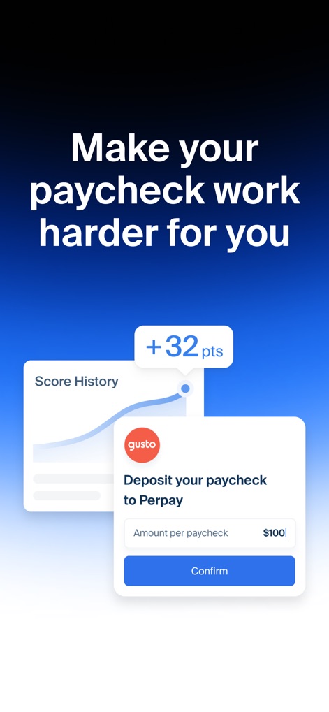Perpay - Shop and Build Credit - This screenshot demonstrates how users can manage their finances by showing the "Score History" graph and the direct "Deposit your paycheck to Perpay" feature.