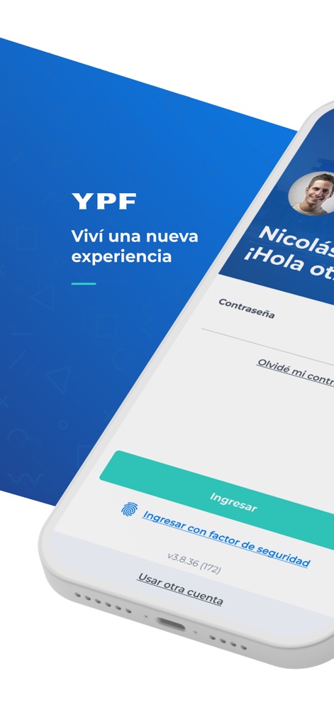 YPF App - La pantalla de inicio de sesión de la aplicación ofrece campos claros para el usuario y la opción de ingresar con un factor de seguridad adicional, priorizando la accesibilidad y la protección de la cuenta.