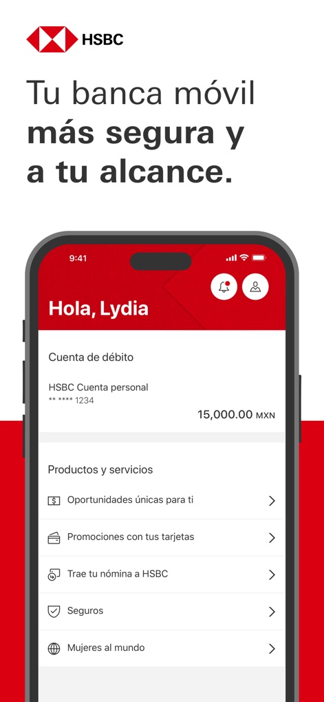 HSBC México - La aplicación presenta un resumen claro del saldo actual de la cuenta, como "15,000.00 MXN", y un menú de "Productos y servicios" para una gestión financiera integral.