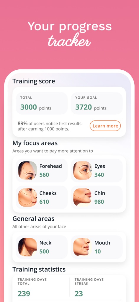 Luvly: Face Yoga Exercises - Il tracker mostra i progressi con un "Training score" e identifica le "My focus areas" (come Forehead e Eyes) attraverso diagrammi visivi, fornendo una panoramica chiara delle statistiche di allenamento.