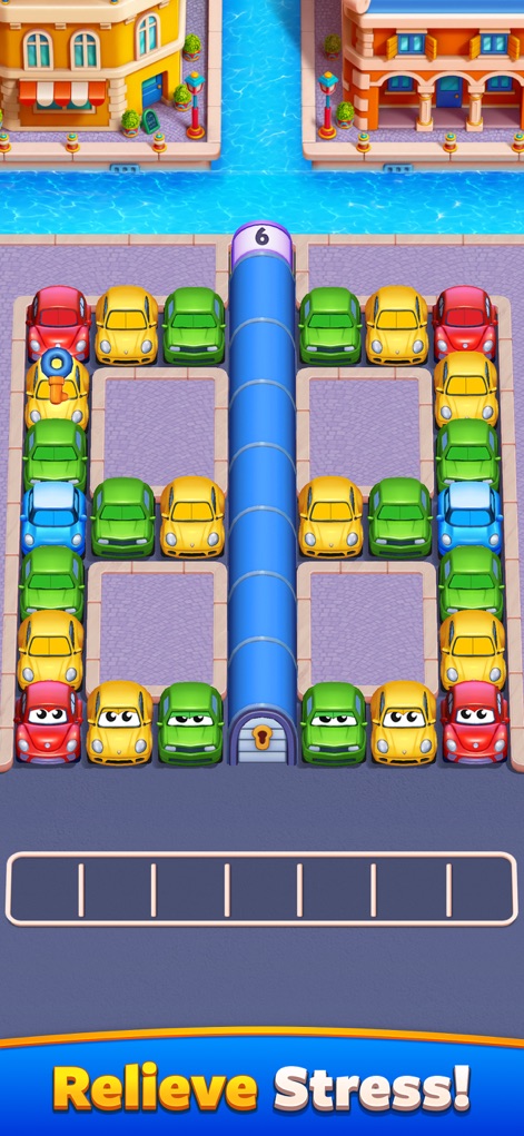 Car Match - Traffic Puzzle - Disfrute de una experiencia relajante donde los usuarios despejan el tráfico rodeando la columna central y organizando los coloridos vehículos.