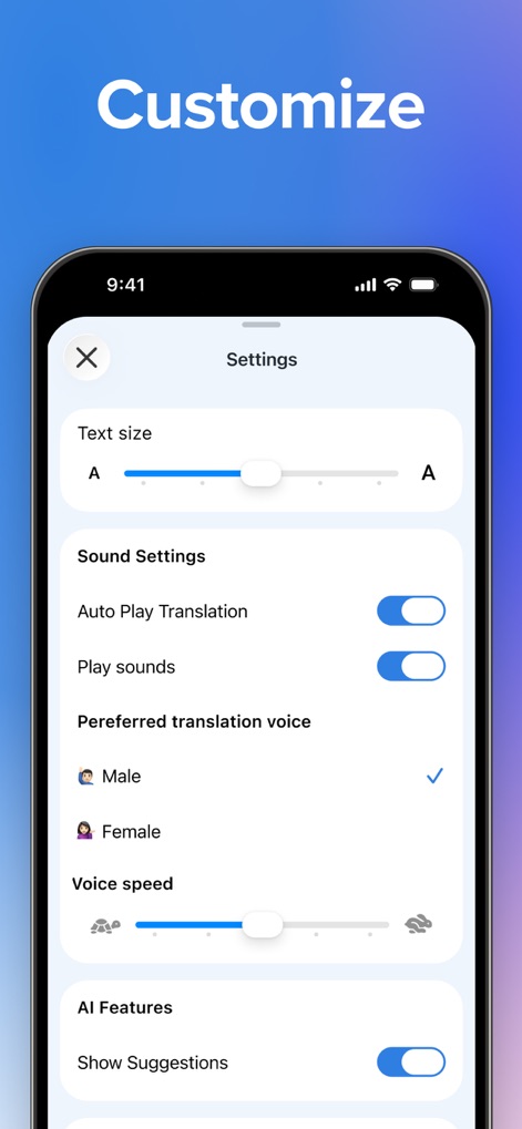 Talk & Translate AI Translator - This tool offers extensive customization options, including granular controls for text size adjustment and comprehensive sound settings for playback preferences.