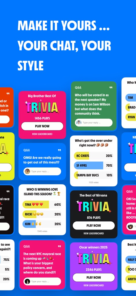 ChatBCC - このギャラリーでは、投票、Q&A、トリビアなどの多様なインタラクティブ要素が、カラフルでカスタマイズ可能なデザインテンプレートで表現されており、ユーザーはチャット体験を自由にパーソナライズできます。