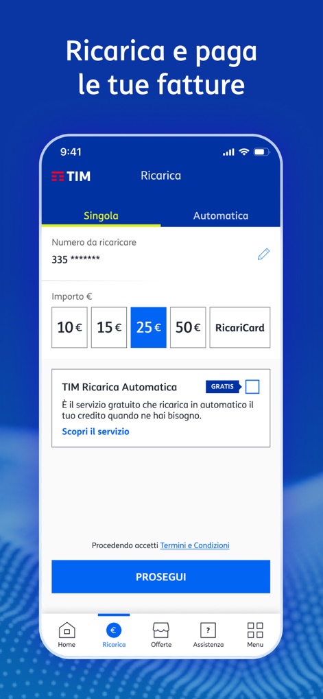 MyTIM - 사용자는 신용카드, PayPal 등으로 잔액을 충전하거나, '자동 충전' 옵션을 통해 편리하게 서비스를 유지할 수 있습니다.