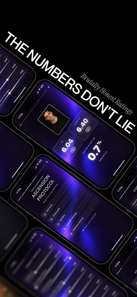 Ascension - Facial Analysis - Review the app's "Brutally Honest Ratings" which quantify appearance, alongside the actionable "Ascension Protocol" exercises.