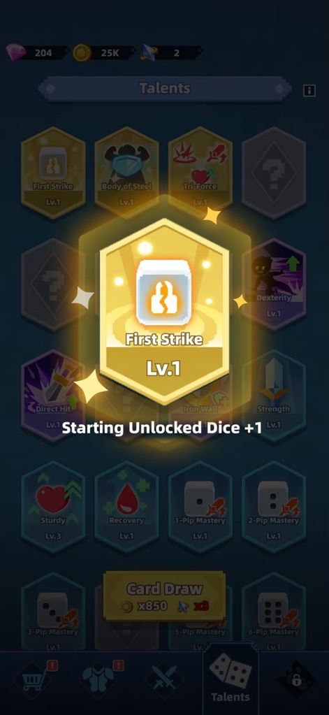 Dicero! - Discover the comprehensive "Talents" screen, offering numerous customization options including the "First Strike" ability for strategic character development.
