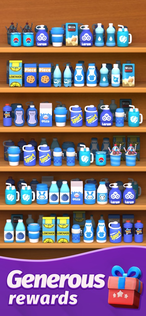 Goods Sort™ - Triple Master 3D - The app features diverse item types, like milk and lemonade, and visually promises generous rewards through the prominent gift box icon.