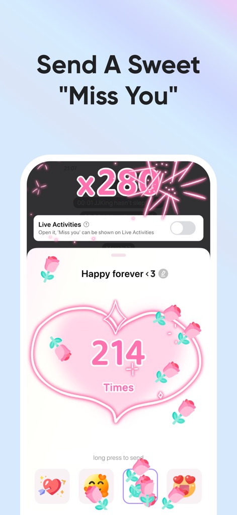 Love8 - App for Couples - See how the app facilitates sending sweet "Miss You" effects with an interactive counter and enables customization via the "Live Activities" toggle.