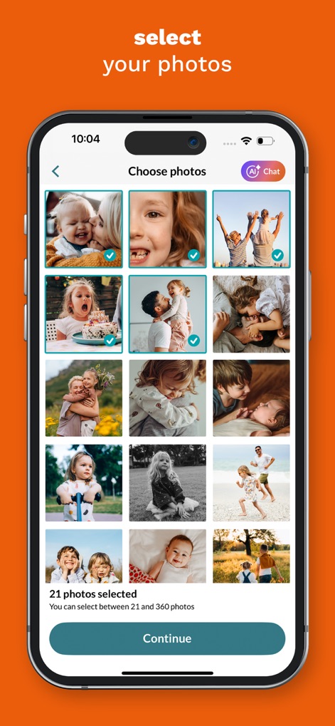 PhotoSi: Photobooks and prints - This tool enables effortless photo selection from a user's gallery, with checkmarks indicating chosen images and a clear display of the 'number of photos selected'.