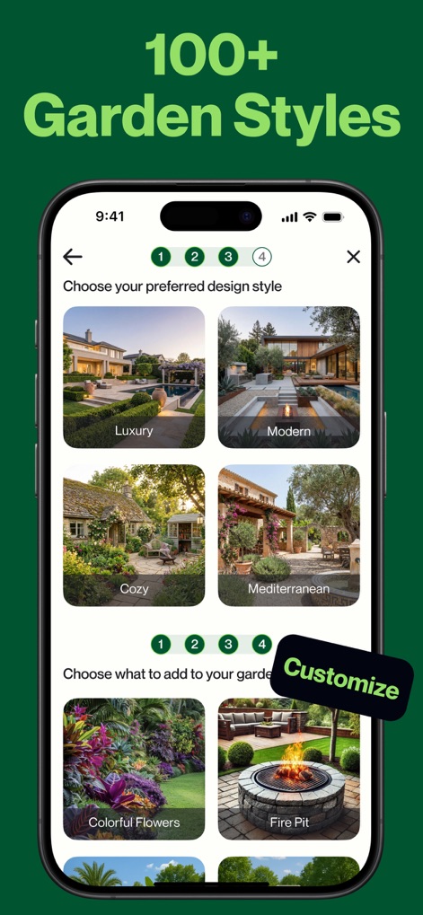 AI Garden Design: Landscape AI - The app provides an extensive style gallery featuring options like Luxury and Cozy, alongside addable features such as colorful flowers or a fire pit, enabling deep personalization.