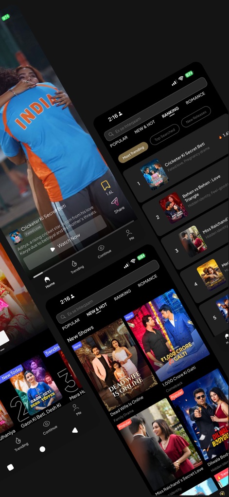 Viralo TV - Users can easily discover popular stories through the 'Ranking' and 'New & Hot' sections, featuring diverse Hindi reel shows.