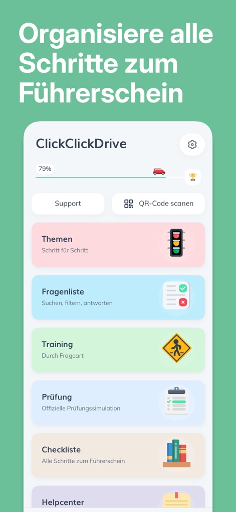 Führerschein ClickClickDrive - Review the central dashboard, providing quick access to essential features such as the question list, exam simulation, and a progress tracking bar.