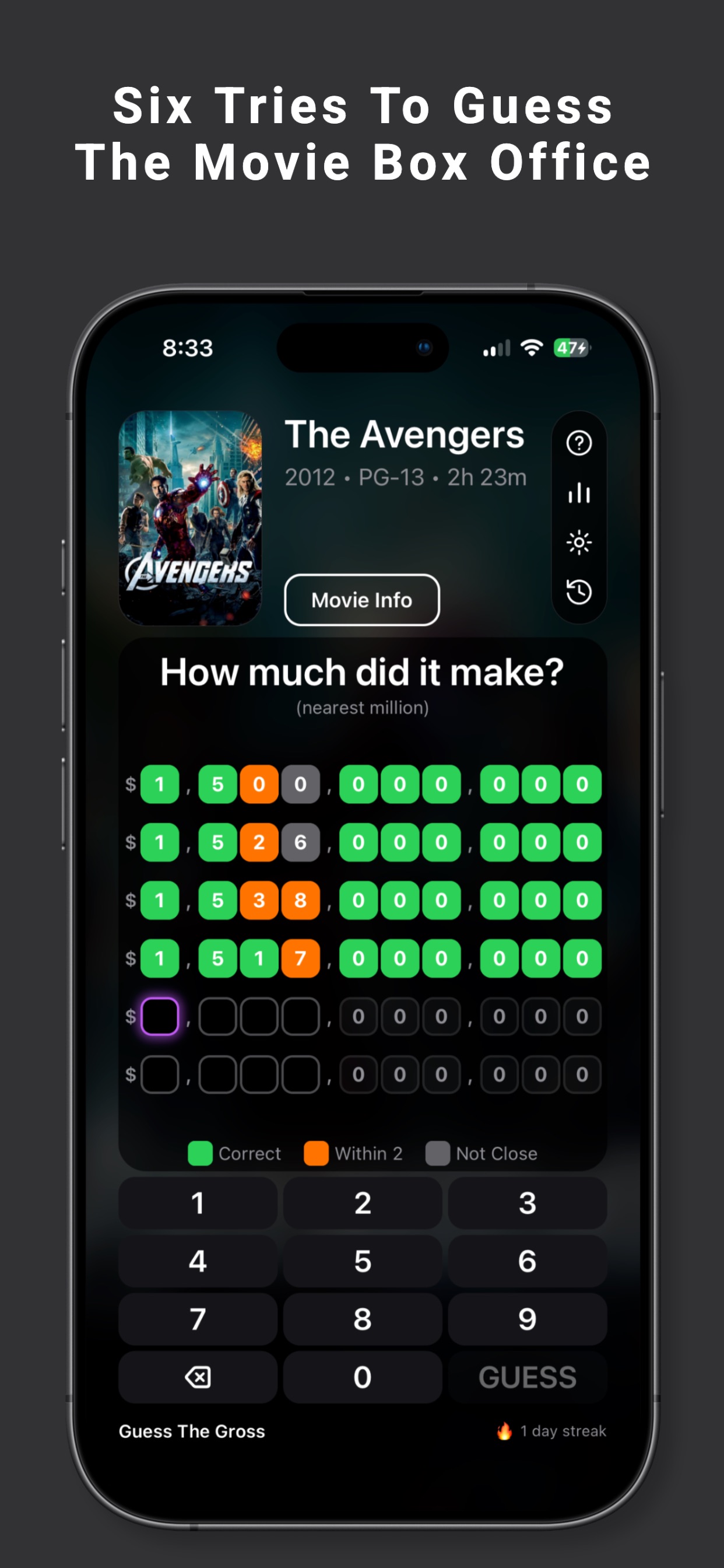 Guess The Gross iPhone game screen showing six worldwide box-office guesses and color-coded clues