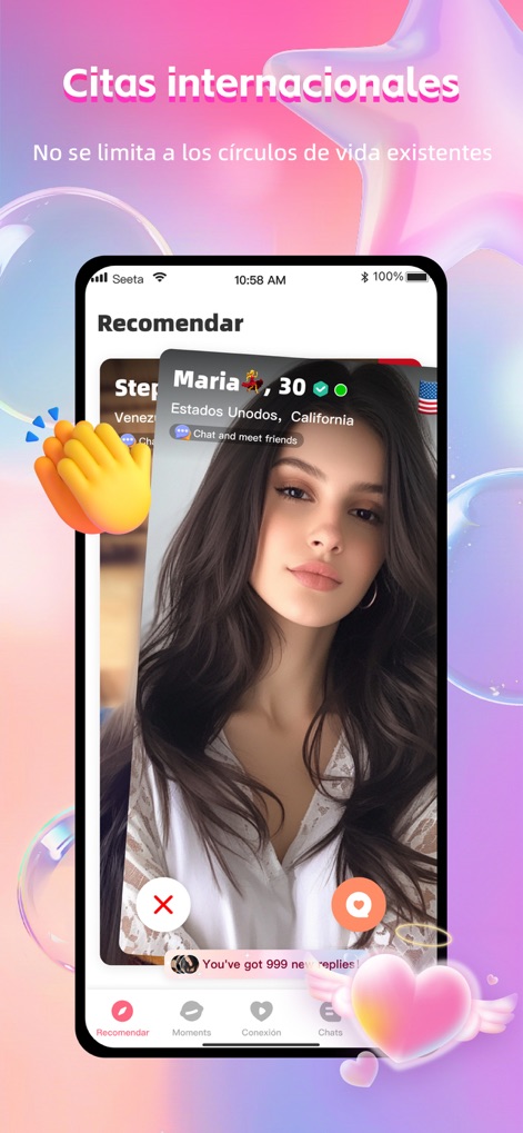 SeeTa: Corto, En vivo, Familia - La aplicación presenta un sistema de recomendación de perfiles mediante tarjetas deslizables, permitiendo a los usuarios descubrir conexiones, como se evidencia en el perfil de 'Maria, 30' y la pestaña de 'Recomendar'.