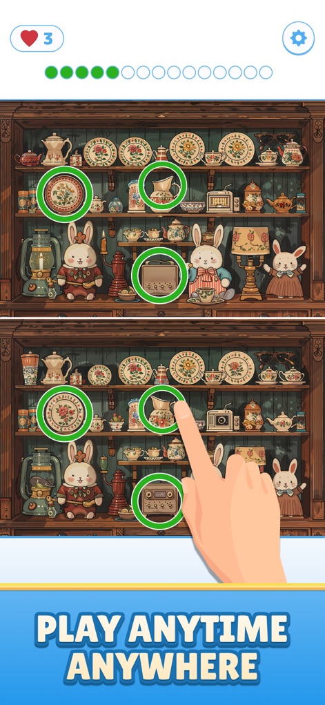 Find Master - Spot Differences - このアプリは、インターネット接続なしでも、精巧に飾られた棚の上の皿の模様や可愛らしいウサギの置物など、様々なアイテム間の違いを見つけるパズルを、ユーザーがいつでもどこでも楽しめるように設計されています。