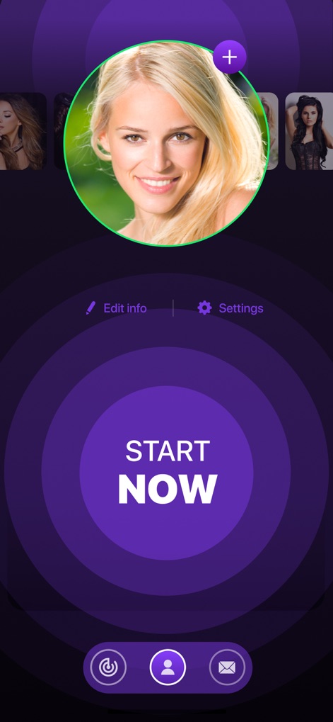 Flirt Chat - Dating Site App - Explore the user-friendly interface for setting up a profile, featuring a prominent 'START NOW' button and accessible 'Edit info' settings.