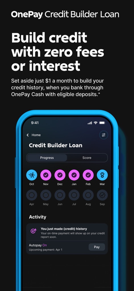 OnePay – Mobile Banking - The app provides a transparent "Progress" tracker for credit building, allowing users to visualize their payment history and improve their "credit score" with ease.