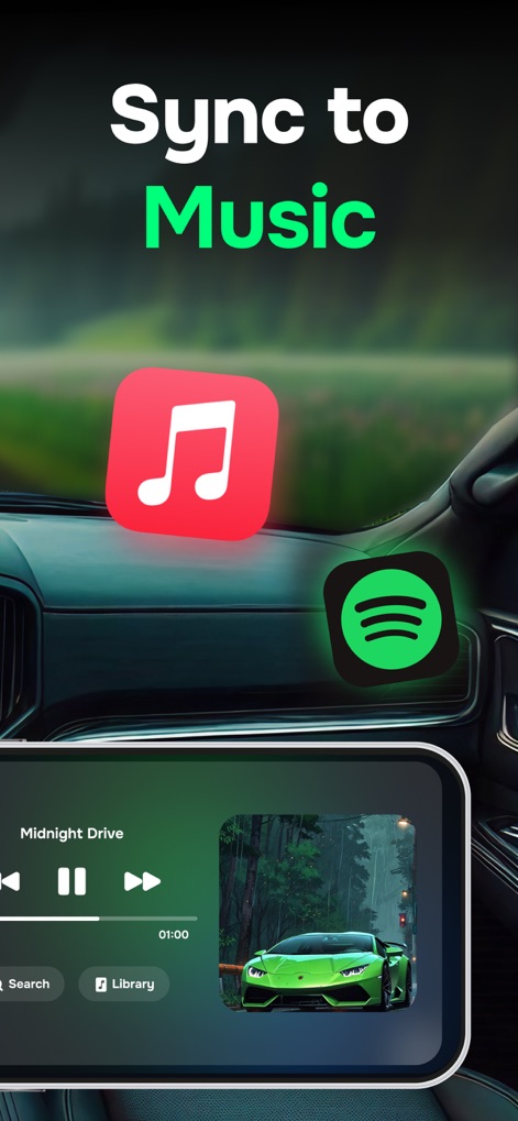 Car Play Connect: Auto Sync - La aplicación se integra con plataformas populares como Spotify y Apple Music, exhibiendo una interfaz de reproductor de música moderna con controles de reproducción y la portada del álbum.
