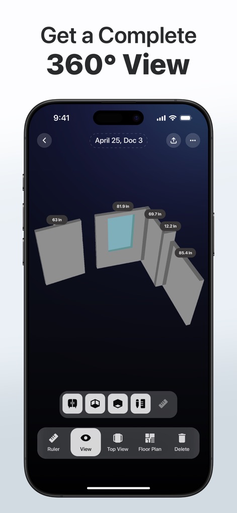3D Snap: LiDAR Scanner & Ruler - This view demonstrates the app's capacity to render complete 360° room models, allowing users to inspect individual wall segments and their precise dimensions.