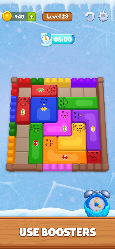 Farm Block Escape - Observe intricate block arrangements with sliding direction indicators, set against an appealing ice-themed background, revealing advanced gameplay.