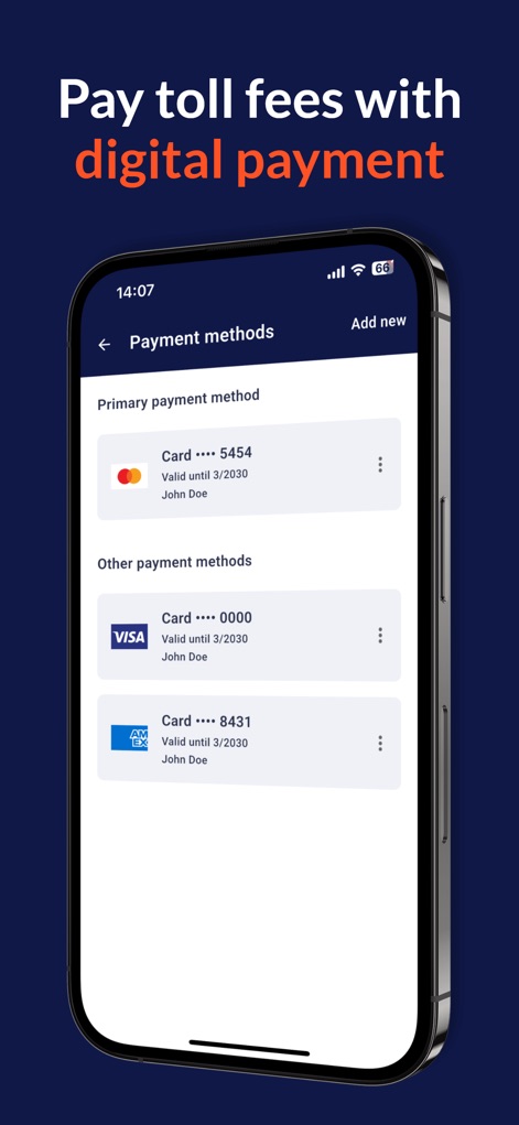 vintrica Mobility - This section demonstrates the secure handling of various payment methods, clearly displaying saved credit cards and their expiration dates for swift transactions.