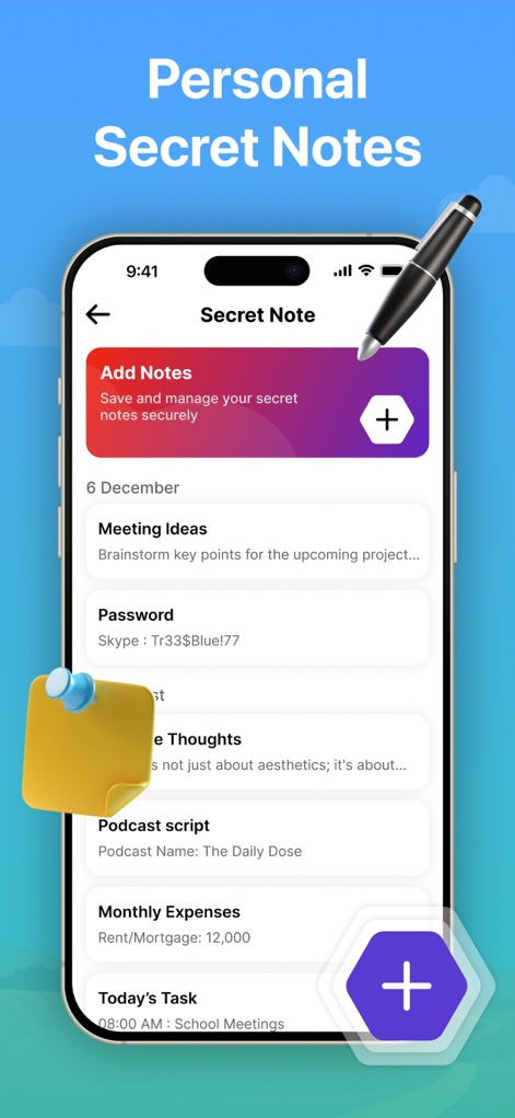 Parallel Space ~ App Cloning - Examine the 'Secret Note' functionality, featuring entries like 'Meeting Ideas' and 'Password' stored securely, with a visual hint of a pen indicating quick note-taking capability.