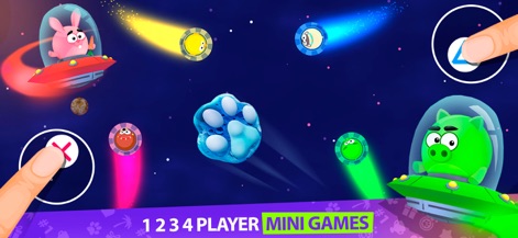 2 3 4 Player Party Mini Games - Esta captura de pantalla transporta a los jugadores a una galaxia lejana, ilustrando una de las diversas temáticas de minijuegos disponibles. La escena presenta vehículos espaciales con personajes animados y estelas de colores que siguen a cada jugador, enfatizando la acción multijugador.