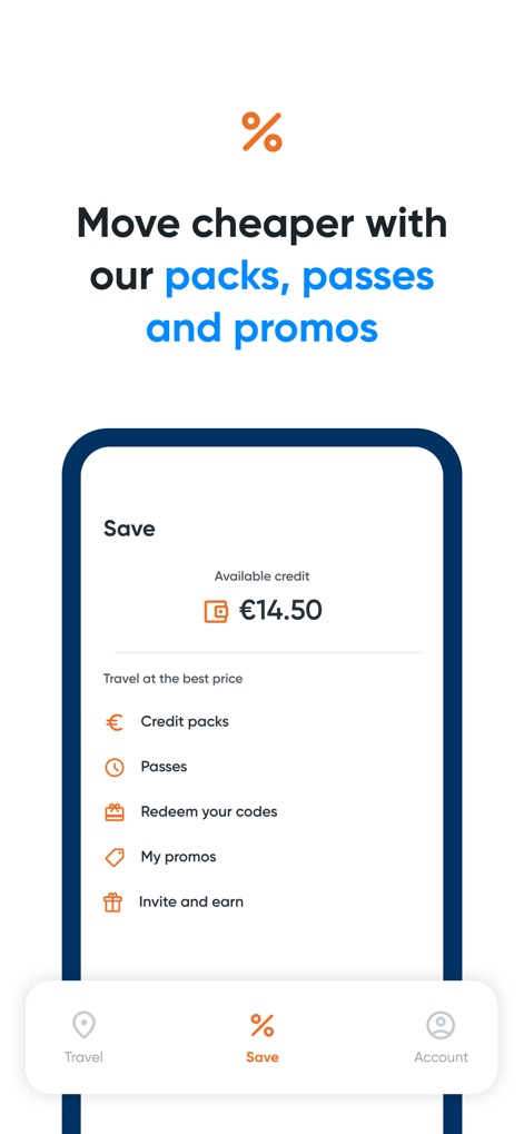 Cooltra: E-moped rentals - The app offers diverse saving opportunities, from managing available credit to exploring advantageous credit packs and passes for frequent users.