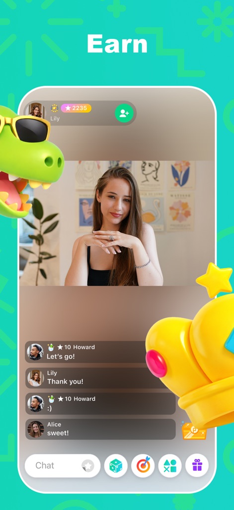 YouNow: Live Stream, Go Live - Esta imagen muestra la interfaz de chat con mensajes de apoyo de los espectadores y la opción de enviar regalos virtuales, como la corona dorada, para recompensar a los creadores de contenido.