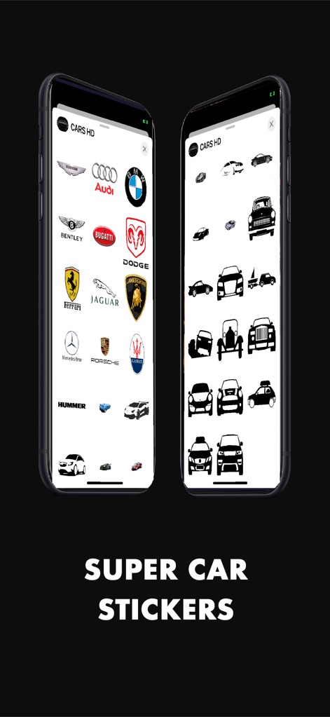 Car HD Wallpapers Collection - Élargissez votre collection avec les autocollants uniques de l'application, présentant les logos des marques de luxe et les silhouettes stylisées des véhicules.