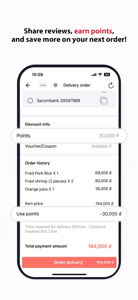 DELIVERY K - Users can utilize loyalty points for savings, as shown by the 'Use points' deduction, and review their full order history with itemized details.