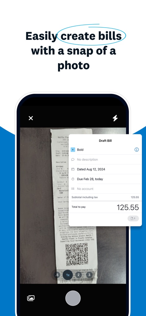 Xero Accounting for business - Dieses Tool ermöglicht die einfache Erstellung von Rechnungen durch das Fotografieren von Belegen und extrahiert dabei automatisch relevante Details wie den Gesamtbetrag und das Fälligkeitsdatum.