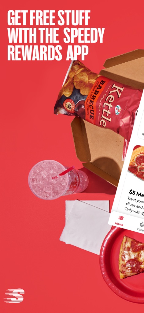 Speedway: Rewards & Shopping - See how the app highlights opportunities to "GET FREE STUFF" and showcases various items like pizza and drinks available for redemption.
