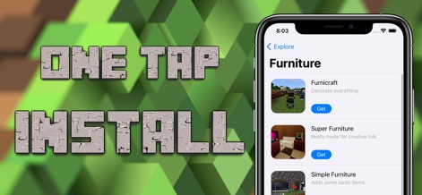 World of Mods for Minecraft PE - This tool demonstrates a seamless one-tap installation process, allowing users to browse categorized furniture mods like "Furnicraft" and instantly add them with the "Get" button.