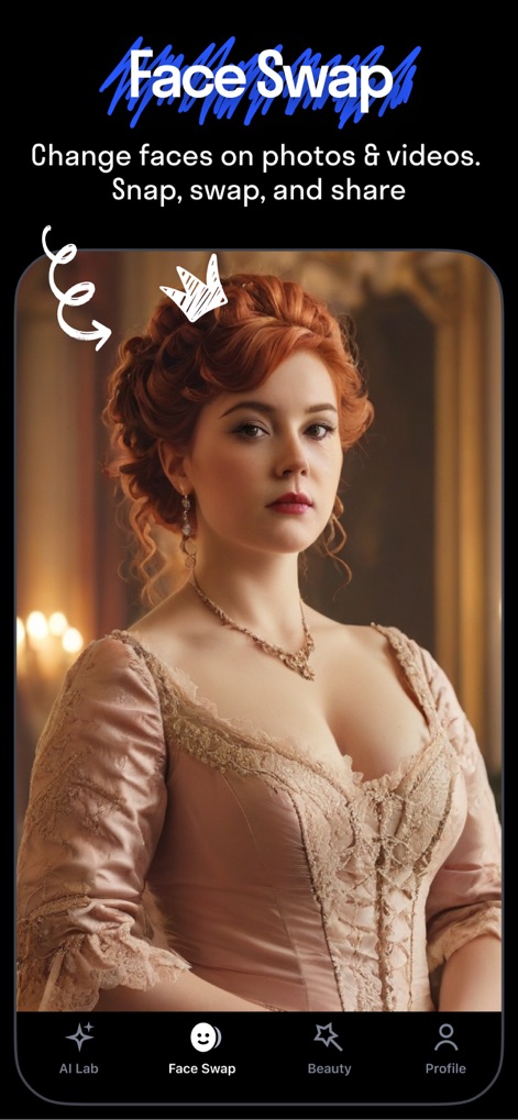 Reface: Face Edit AI Photo App - L'app Reface permette agli utenti di inserire il proprio volto in un'immagine storica con estrema facilità, come mostrato dalla donna in abito d'epoca, utilizzando la funzione "Face Swap" prontamente accessibile dalla barra di navigazione.
