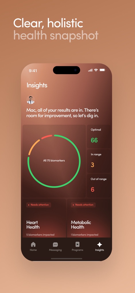 Hims: Telehealth for Men - Explore the app's detailed 'Insights' dashboard, showcasing a clear overview of biomarker results and highlighted areas like 'Heart Health' and 'Metabolic Health'.