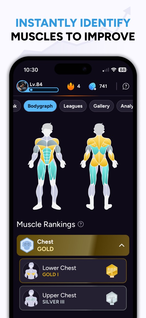 Liftoff - Ranked Gym Workouts - La fonctionnalité "Bodygraph" permet d'identifier visuellement les groupes musculaires à améliorer, en affichant des "classements spécifiques par muscle" comme le GOLD pour la poitrine.