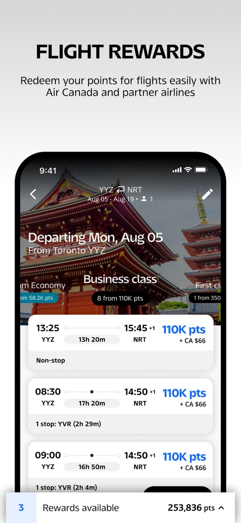 Air Canada + Aeroplan - Los usuarios pueden canjear sus puntos Aeroplan por vuelos, viendo claramente las opciones de clase como "Business class" y la combinación de "110K pts + CA $66", con un resumen del saldo total de "253,836 pts" disponibles.