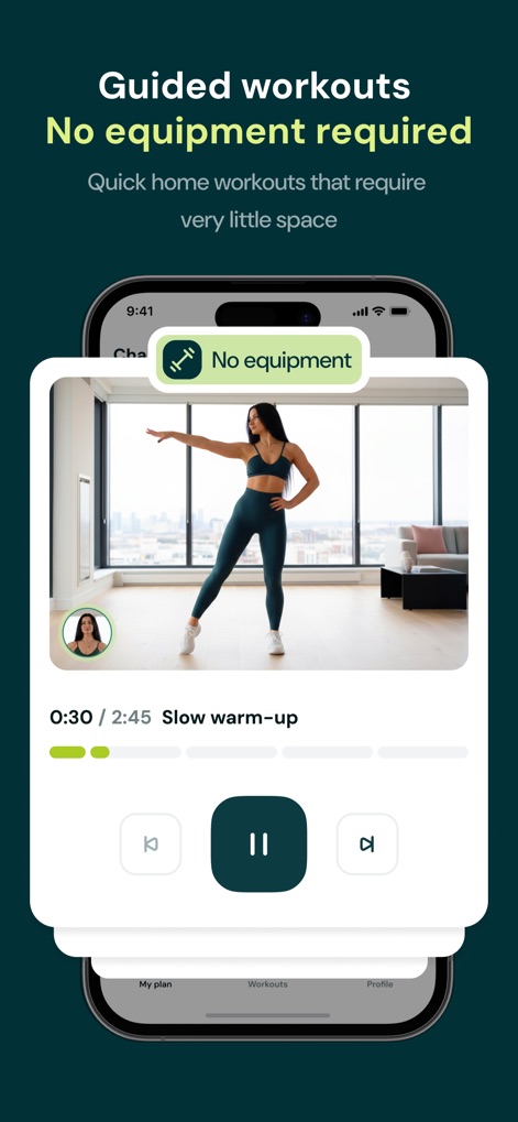 My Personal Challenge - The app facilitates convenient home fitness with guided workout sessions that require "no equipment," featuring intuitive player controls and clear progress timers like "0:30 / 2:45."