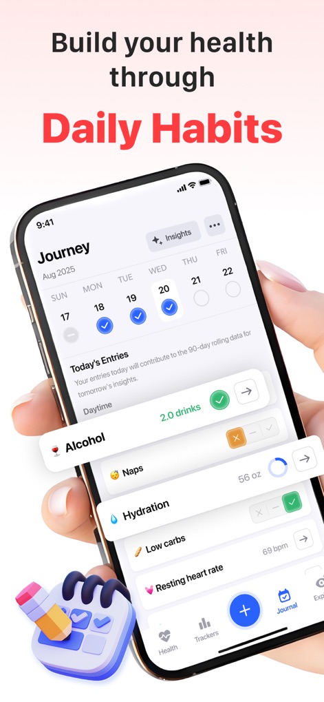 iPulse - Check Heart Rate & BP - The app assists users in building healthy routines with a clear calendar-based habit tracking interface and specific entries for activities like hydration and diet.