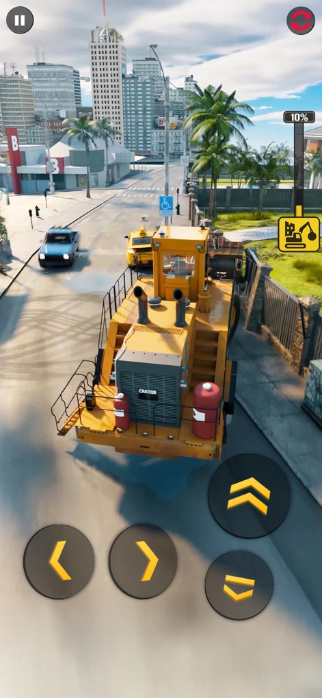 Demolition & Construction Inc. - Users can experience precision vehicle handling with intuitive on-screen directional controls while navigating heavy machinery through a detailed urban city skyline environment.