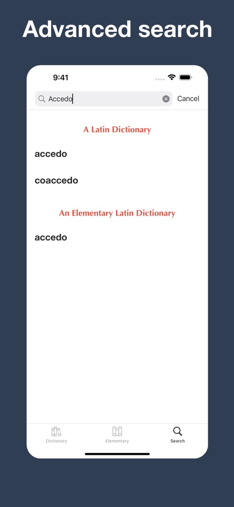 Latin Dictionary Lewis & Short - A pesquisa avançada exibe resultados abrangentes, como para 'Accedo', consolidando entradas do 'A Latin Dictionary' e do 'An Elementary Latin Dictionary' em uma única visualização.