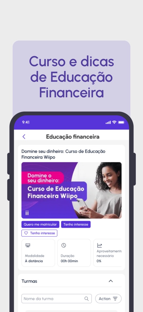 wiipo - Os usuários encontram cursos e dicas de educação financeira, com o título do curso e detalhes sobre sua modalidade.