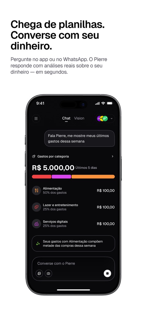 Pierre: Controle de gastos IA - Esta tela revela a interface de chat interativa do aplicativo, permitindo aos usuários consultar seus 'últimos gastos' e visualizar a distribuição por 'categorias de despesa'.