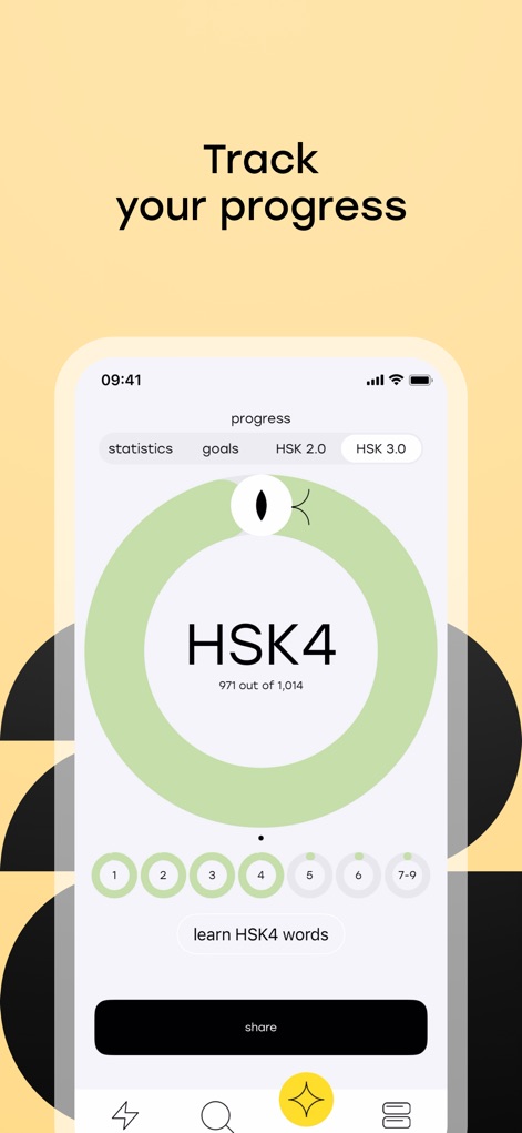 Laoshi: Learn Chinese & HSK - Die App bietet eine klare Übersicht über den Lernfortschritt, indem sie den HSK-Level, wie HSK4, und die Anzahl der bereits gemeisterten Wörter detailliert darstellt.
