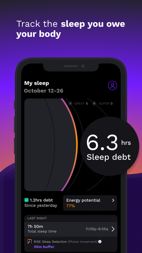 RISE: Sleep Tracker App Store screenshot 2, headline “Track the sleep you owe your body”. Zoomed detail of the UI.
