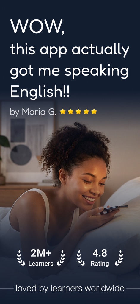 TalkMe: Speak & Learn English - This screenshot highlights positive user feedback, showcasing a compelling testimonial from "Maria G." and impressive metrics like "2M+ Learners" and a "4.8 Rating".